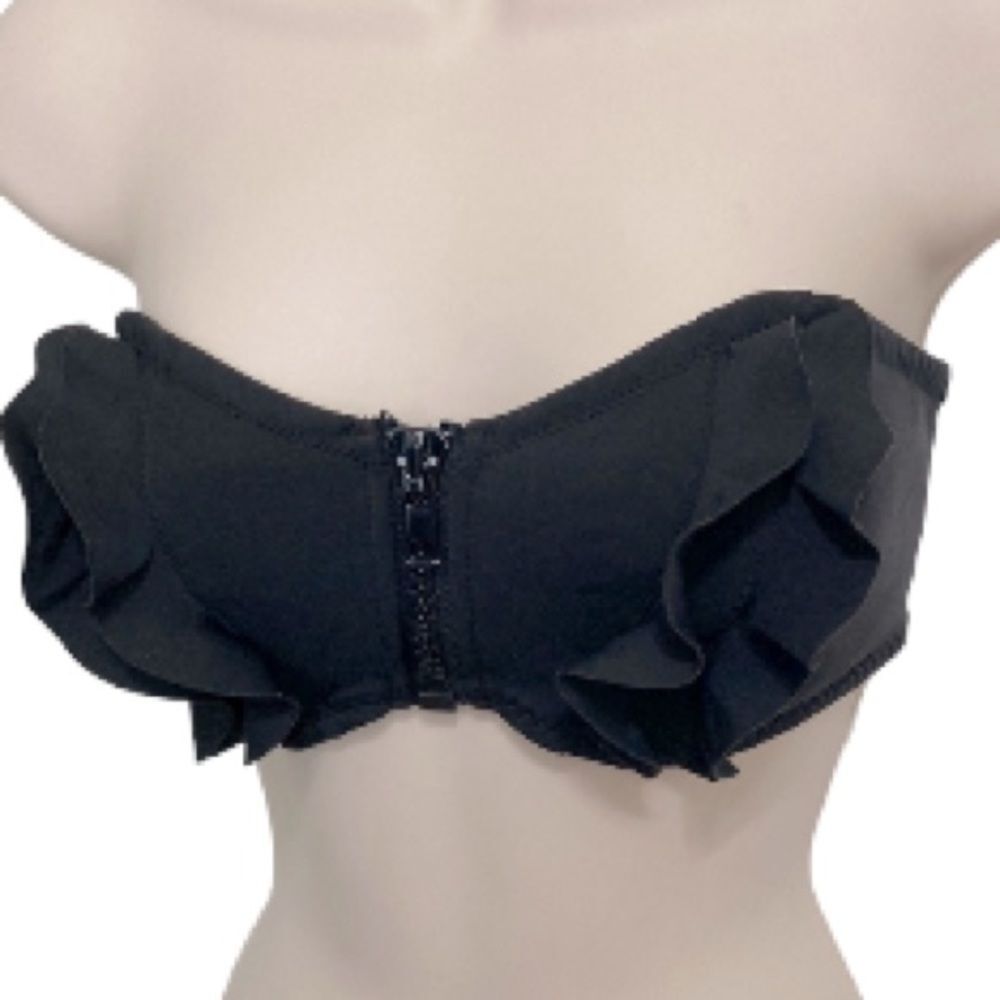 H&M Sweet Ruffle Bandeau Bikini Swim Top Black Accent Zip Womens Size 12